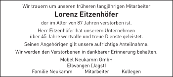 Traueranzeige von Lorenz Eitzenhöfer von Schwäbische Post