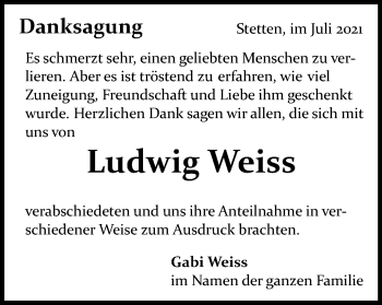 Traueranzeige von Ludwig Weiss von Schwäbische Post