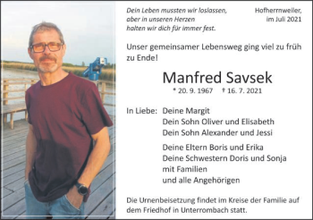 Traueranzeige von Manfred Savsek von Schwäbische Post
