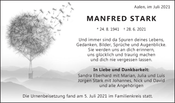 Traueranzeige von Manfred Stark von Schwäbische Post
