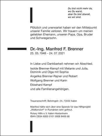 Traueranzeige von Manfred F. Brenner von Schwäbische Post
