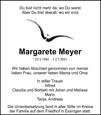 Traueranzeige von Margarete Meyer von Schwäbische Post