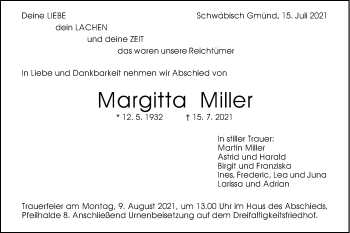 Traueranzeige von Margitta Miller von Gmünder Tagespost