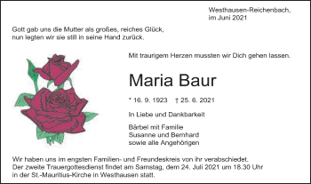 Traueranzeige von Maria Baur von Schwäbische Post