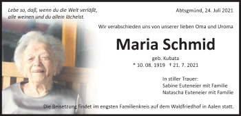 Traueranzeige von Maria Schmid von Schwäbische Post