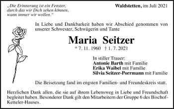Traueranzeige von Maria Seitzer von Gmünder Tagespost