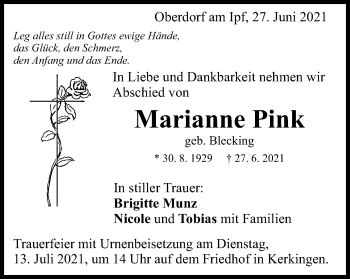 Traueranzeige von Marianne Pink von Schwäbische Post