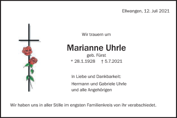 Traueranzeige von Marianne Uhrle von Schwäbische Post