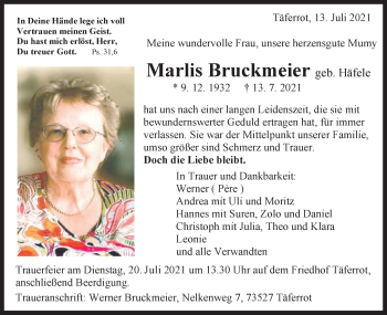 Traueranzeige von Marlis Bruckmeier von Schwäbische Post