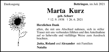 Traueranzeige von Marta Kurz von Gmünder Tagespost