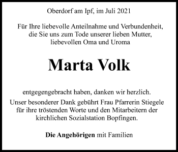 Traueranzeige von Marta Volk von Schwäbische Post