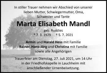 Traueranzeige von Marta Elisabeth Mandl von Schwäbische Post