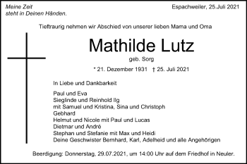 Traueranzeige von Mathilde Lutz von Schwäbische Post