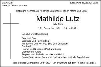 Traueranzeige von Mathilde Lutz