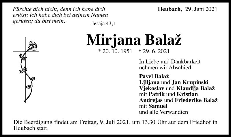  Traueranzeige für Mirjana Balaž vom 03.07.2021 aus Gmünder Tagespost