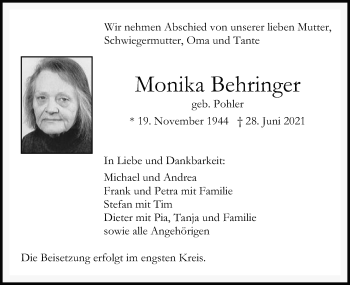 Traueranzeige von Monika Behringer von Schwäbische Post