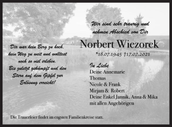 Traueranzeige von Norbert Wiezorek von Schwäbische Post
