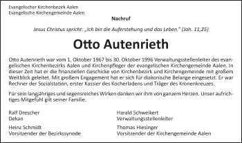 Traueranzeige von Otto Autenrieth von Schwäbische Post