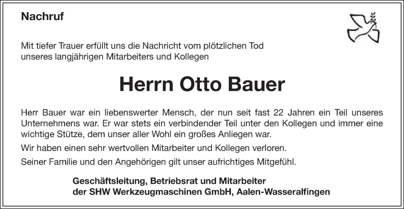  Traueranzeige für Otto Bauer vom 05.07.2021 aus Schwäbische Post