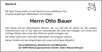 Traueranzeige von Otto Bauer von Schwäbische Post