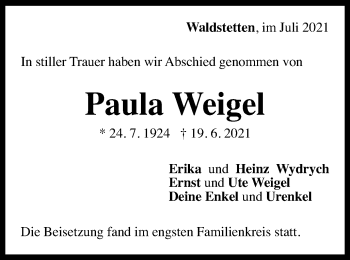 Traueranzeige von Paula Weigel von Gmünder Tagespost
