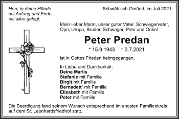 Traueranzeige von Peter Predan von Gmünder Tagespost