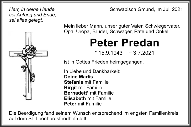  Traueranzeige für Peter Predan vom 08.07.2021 aus Gmünder Tagespost