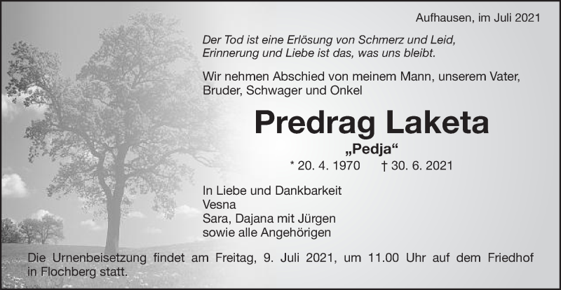  Traueranzeige für Pregrad Laketa vom 06.07.2021 aus Schwäbische Post
