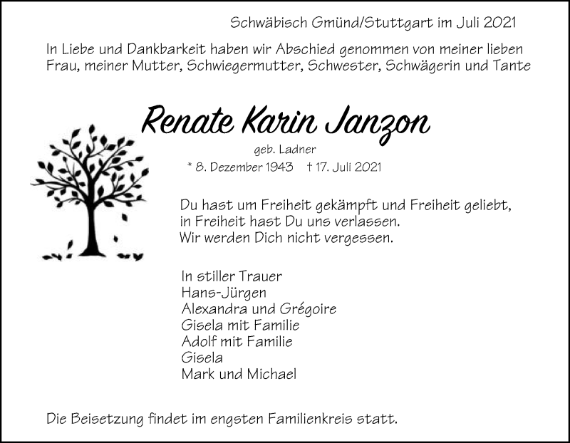  Traueranzeige für Renate Karin Janzon vom 30.07.2021 aus Gmünder Tagespost