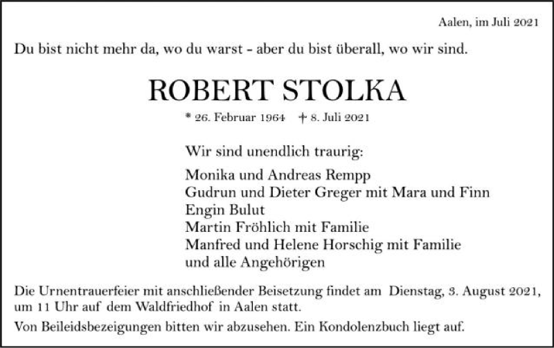  Traueranzeige für Robert Stolka  vom 29.07.2021 aus Schwäbische Post