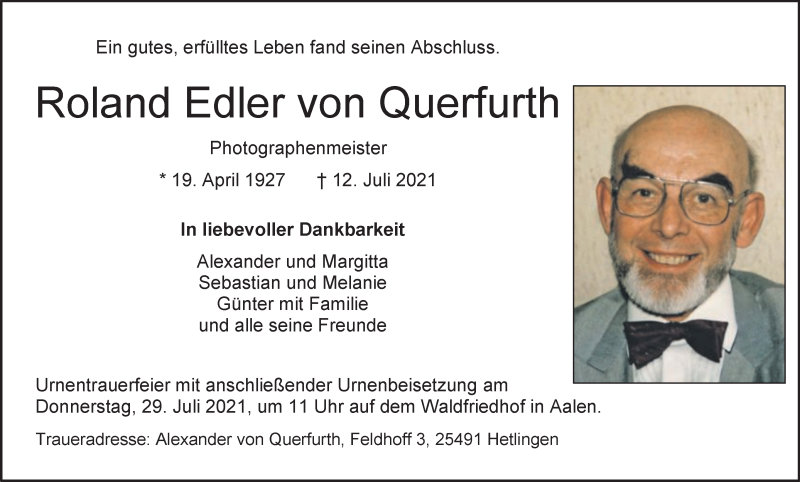  Traueranzeige für Roland Edler von Querfurth vom 17.07.2021 aus Schwäbische Post