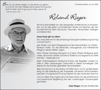 Traueranzeige von Roland Rieger von Schwäbische Post
