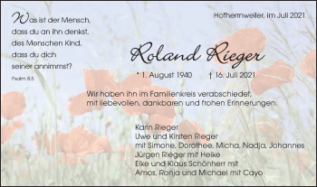 Traueranzeige von Roland Rieger von Schwäbische Post