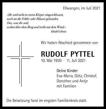 Traueranzeige von Rudolf Pyttel von Schwäbische Post