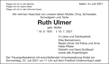 Traueranzeige von Ruth Ulmer von Schwäbische Post