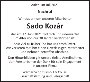 Traueranzeige von Sado Kozár von Schwäbische Post