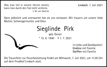 Traueranzeige von Sieglinde Pirk von Gmünder Tagespost