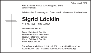 Traueranzeige von Sigrid Löcklin von Schwäbische Post