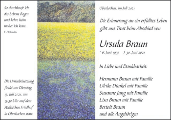 Traueranzeige von Ursula Braun von Schwäbische Post