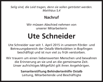 Traueranzeige von Ute Schneider von Schwäbische Post