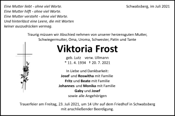 Traueranzeige von Viktoria Frost von Schwäbische Post