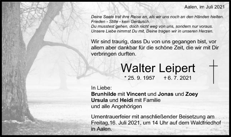  Traueranzeige für Walter Leipert vom 13.07.2021 aus Schwäbische Post