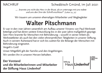 Traueranzeige von Walter Pitschmann von Schwäbische Post