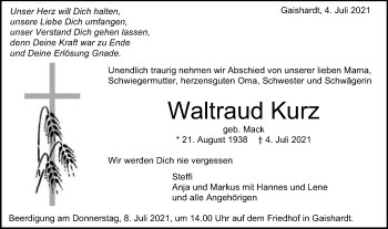 Traueranzeige von Waltraud Kurz von Schwäbische Post