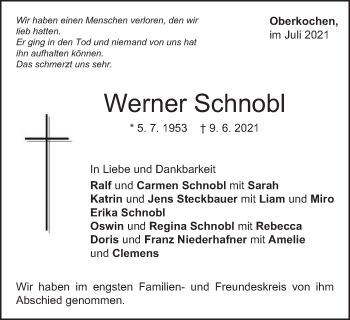 Traueranzeige von Werner Schnobl von Schwäbische Post