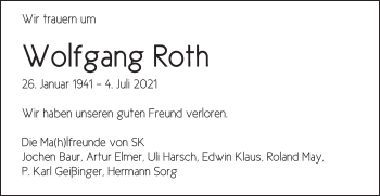 Traueranzeige von Wolfgang Roth von Schwäbische Post