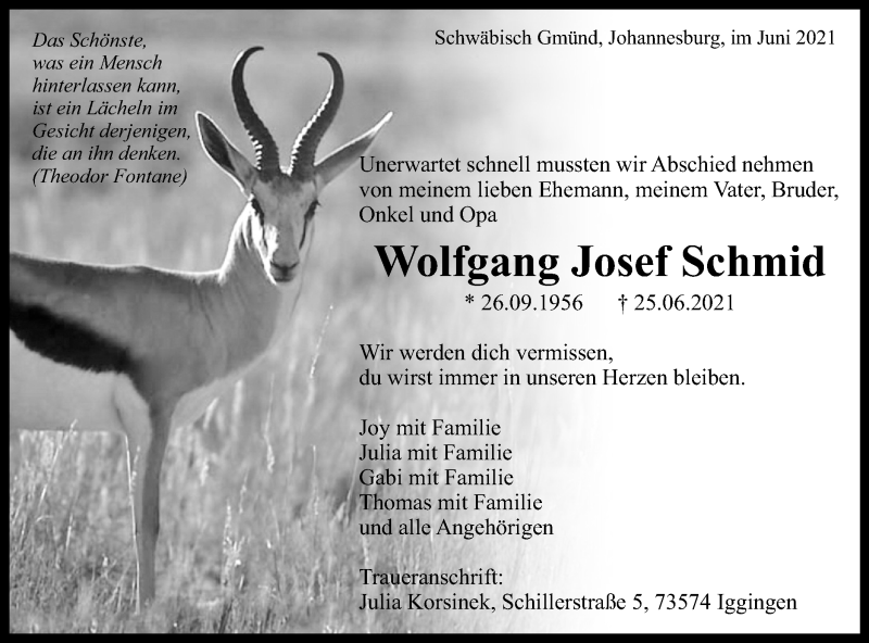  Traueranzeige für Wolfgang Josef Schmid vom 09.07.2021 aus Gmünder Tagespost