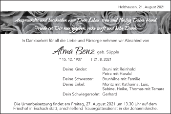 Traueranzeige von Alma Benz von Gmünder Tagespost
