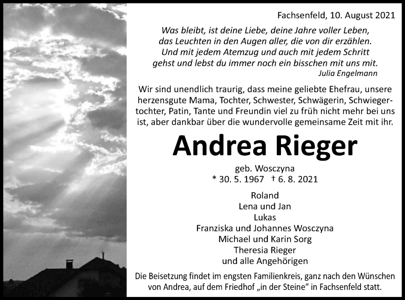  Traueranzeige für Andrea Rieger vom 10.08.2021 aus Schwäbische Post