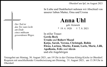 Traueranzeige von Anna Uhl von Schwäbische Post